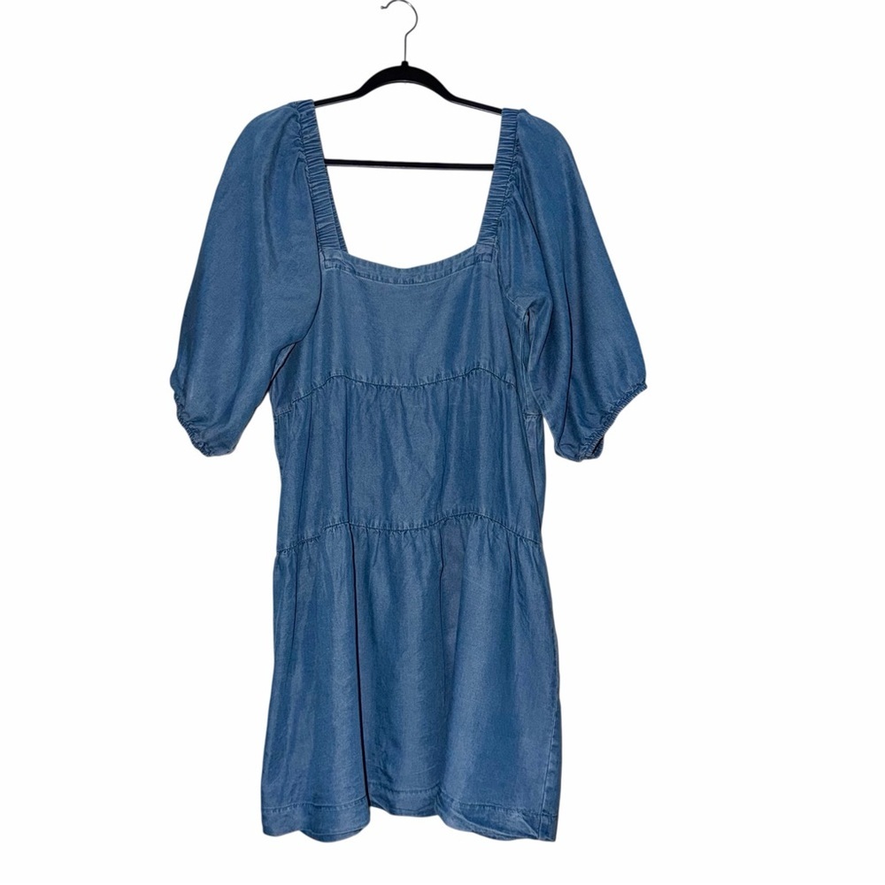 Hunter & Brown Size Large Puff Sleeve Square Neck Mini Dress - Blue